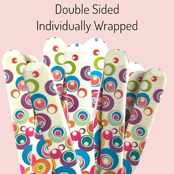 ALAZCO Set of 12 Dual-Sided Nail File Emery Board Heavy Medium Grit Cushioned Washable Easy Grip Comfortable Filing Smoothing Finishing Nails 6.5” Travel TSA Approved (Retro Circles)