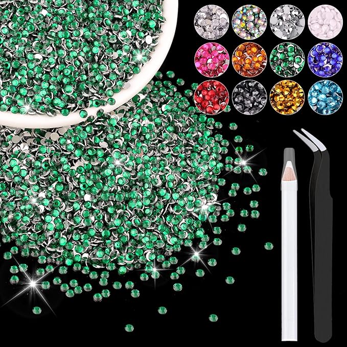 12000PCS 2mm Resin Rhinestones Bulk for Crafting (Dark Green), Flatback Bedazzling Crystals for Crafts DIY Nail Decoration, Gems Charms for Tumbler Shoes Clothing Fabric with Pickup Pen and Tweezers