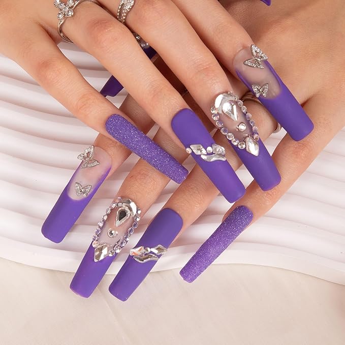 LOVFUL Press on Nails Mystique Veil Purple| Handmade with Full Covered Crystals| Reusable Fake Nails| Square Mid length 1.7in| H108-S