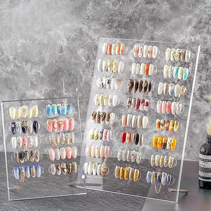 Nail Art Display Board, Acrylic False Nail Tips Sample Display Nails Colors Sample Display Stand with 50pcs Small Display tips and double side tape for Salon Nails Art Practice (2pcs large)