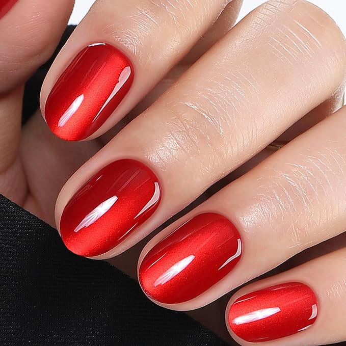 UNA GELLA 32Pcs Soft Gel Press on Nails - 16 Sizes Red Cat Eye Oval Round Glue on Nails, Reusable Glitter Velvet False Nails, Full Cover Acrylic Nail Kit for Women DIY Home Manicure