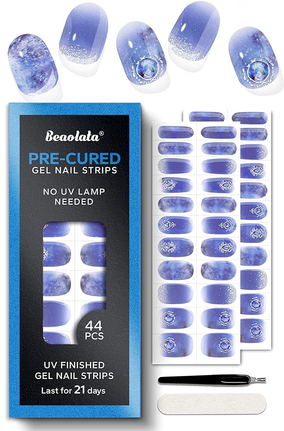 Pre Cured Gel Nail Strips - 44PCS Salon Quality Gel Nail Stickers - Long Lasting Polish Wraps for Women no UV Light Needed Easy Apply & Remove (Crystal Blue