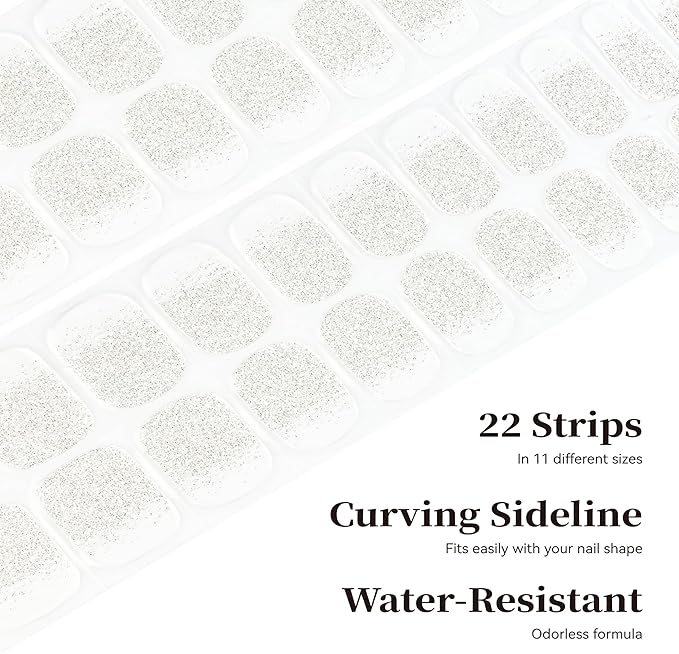 Semi Cured Gel Nail Strips Silver Glitter Nail Strips French Sequin Nail Sticker with UV/LED Required Long Lasting Gel Nail Stickers Includes 22 Strips 2 Prep Pads, Nail File & Wooden Stick