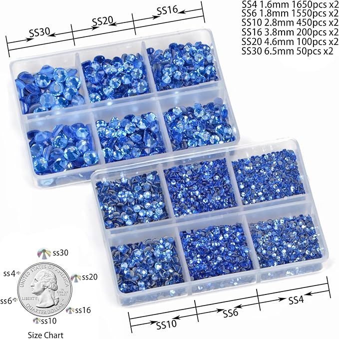 8000pcs Hotfix Rhinestones Flatback,Rhinestones for Crafts Clothes Mixed 6 Sizes, Hotfix Crystals with Wax Pencil Kit, SS4-SS30,Lt. Sapphire