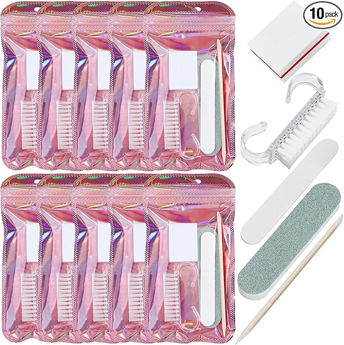 10 Sets Disposable Manicure Prep Kit for Travel Home, Portable Basics 5 in 1 Nail Salon Pedicure Kit, Professional Nail Tools Supplies, Nail File, Mini Buffer, Wood Stick & Handle Grip Brush