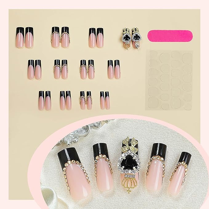 Black Press on Nails Long Square Press on False Nails Full Cover Fake Nails Glue on Nail with Design Nails Rhinestones Acrylic Glossy Stick on Nail for Women (French Tip Black)