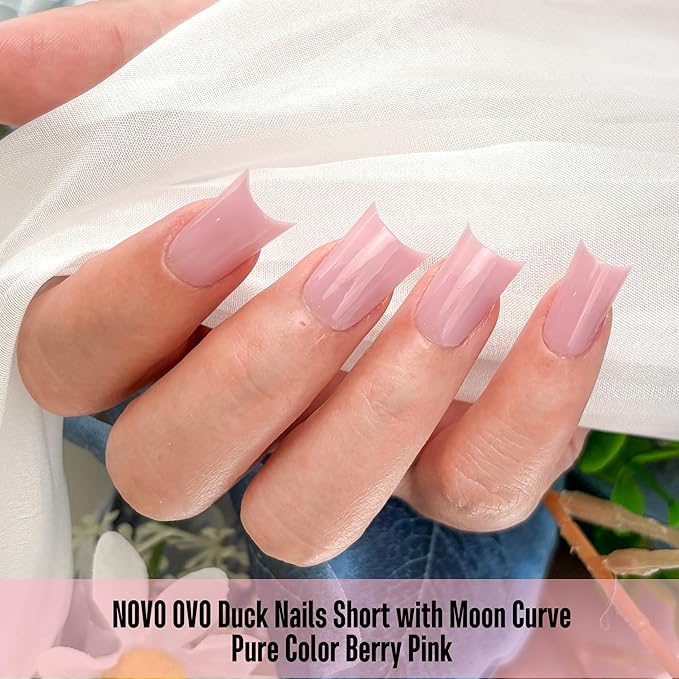 NOVO OVO Short Duck Nail Tips 240Pcs - Solid Berry Pink Soft Gel Flare Duck Feet Nails for Wide Nail Beds, Thick Full Cover False Nail Press Ons, Pre-Shaped Y2K Style Manicure (15 Sizes)