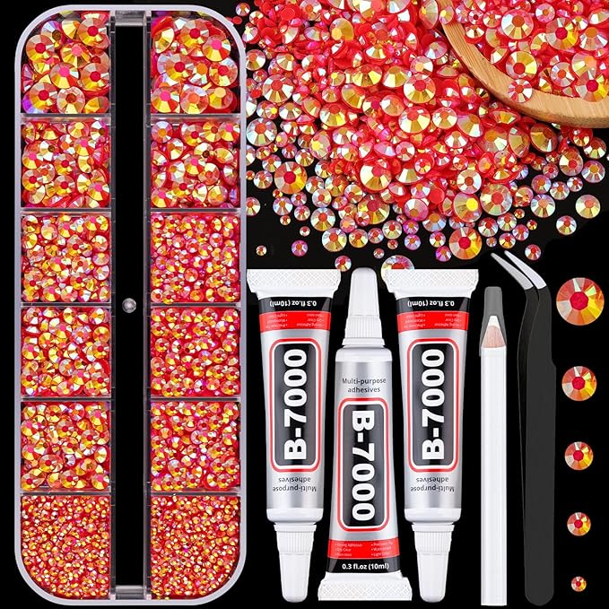 Resin Jelly Rhinestones for Crafting with B7000 Jewelry Glue, 1 Box Red AB Flatback Crystal with 3Pcs 10ml Glue, Bedazzling Non Hotfix Gems for DIY Tumblers Clothing Shoes Manicure