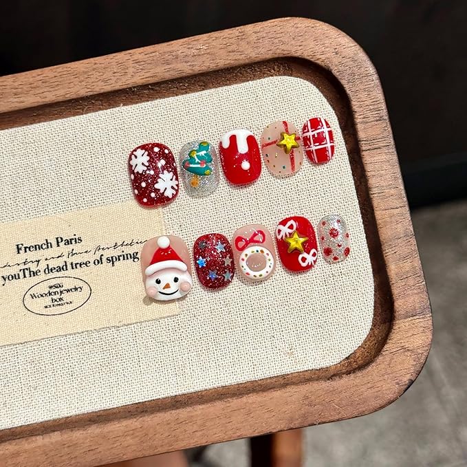 10Pcs Handmade Christmas Press on Nails Short Square Fake Nails Multi-Layer Acrylic False Nails with Snowman Snowflake Star Design Cute Handmade Nails Press ons Winter Xmas Glue on Nail for Women (M)