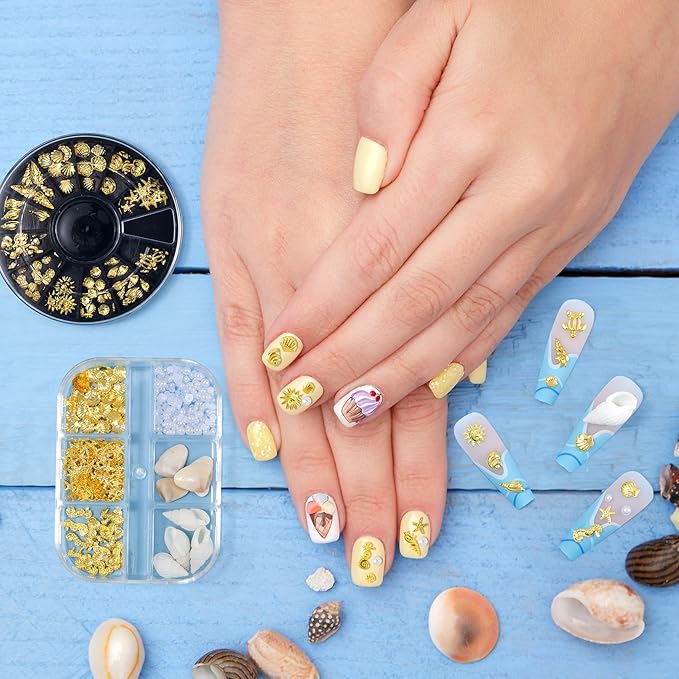 2 Disc Ocean Nail Art Charms, 3D Alloy Nail Art Decals, Beach Starfish Seashell Handmade Supplies for Women DIY Craft Jewelry Manicure Embellishments- Gold & White
