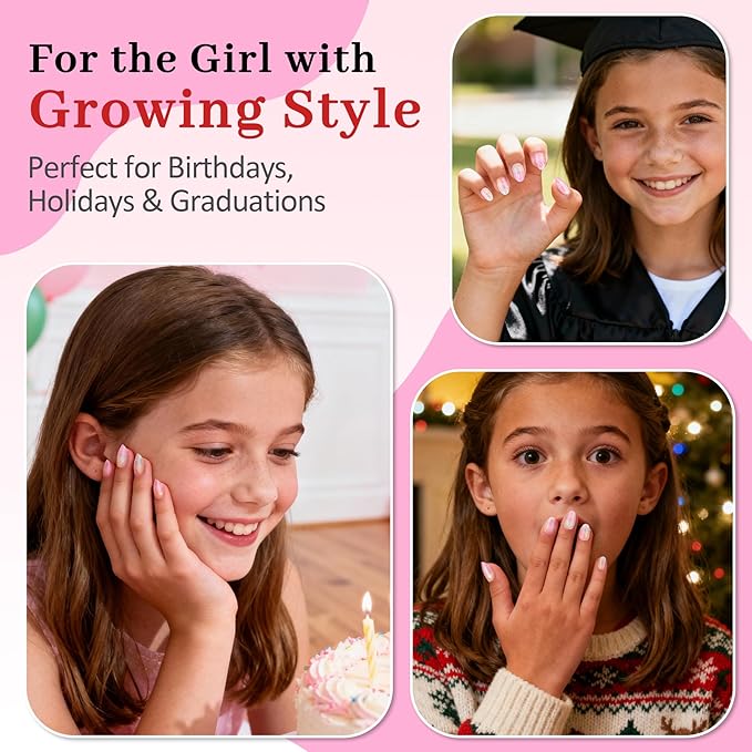 16 Sizes Press on Nails Kit for Kids - 32 Pieces French Almond Fake Nail Tips for Girls 8-12 Years Old with Jelly Nail Adhesives & No-Lamp Nail Glue, Birthday Christmas Gifts(Dream Stars Cloud)