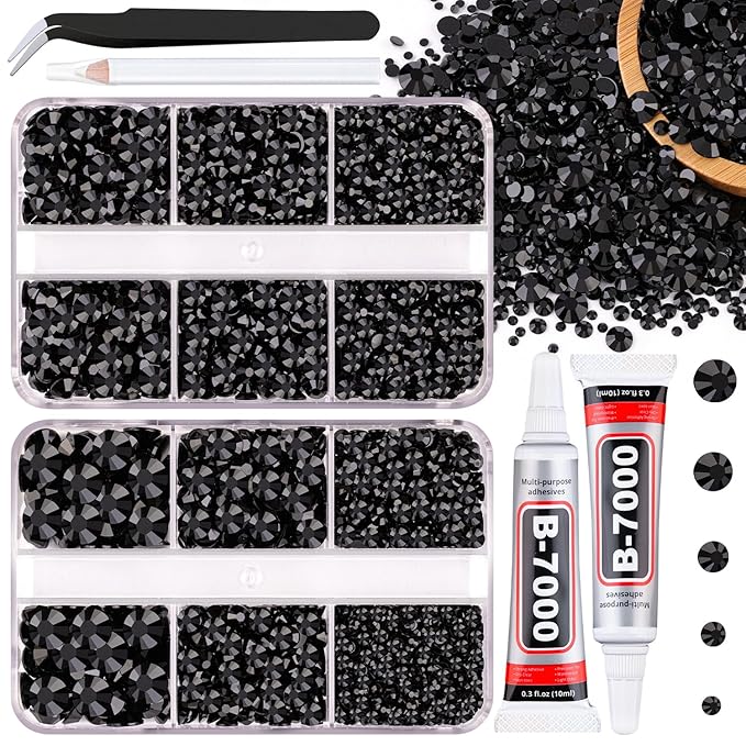 Resin Jelly Rhinestones for Crafting with B7000 Jewelry Glue, 2 Boxes Black Flatback Crystals with 2Pcs 10ml Glue, Bedazzling Non Hotfix Gems for DIY Tumblers Clothing Shoes Manicure