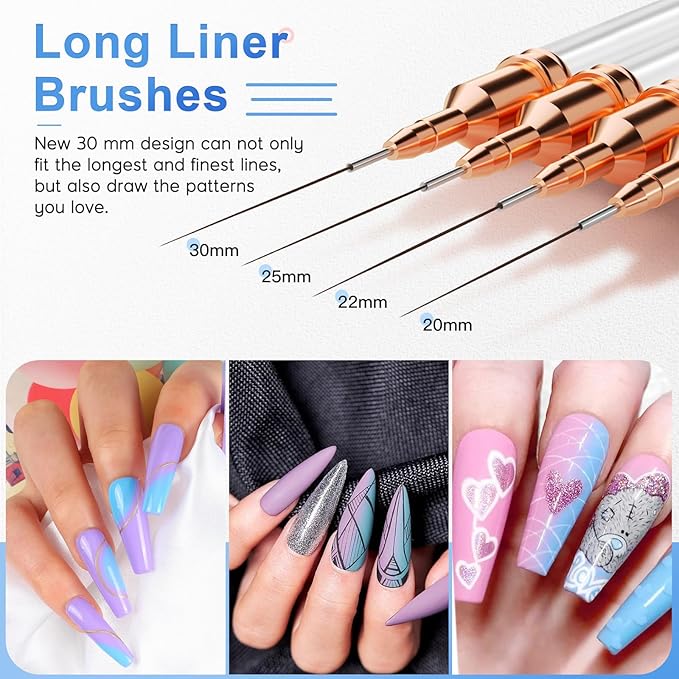 Nail Art Brushes, Eptbsdu 5PCS Double Ended Nail Art Liner Brushes with Cap Striping Liner Brush Nail Design Brushes for Long Lines, Tiny Details, Fine Drawing Nail Brushes for Nail Art, Silver