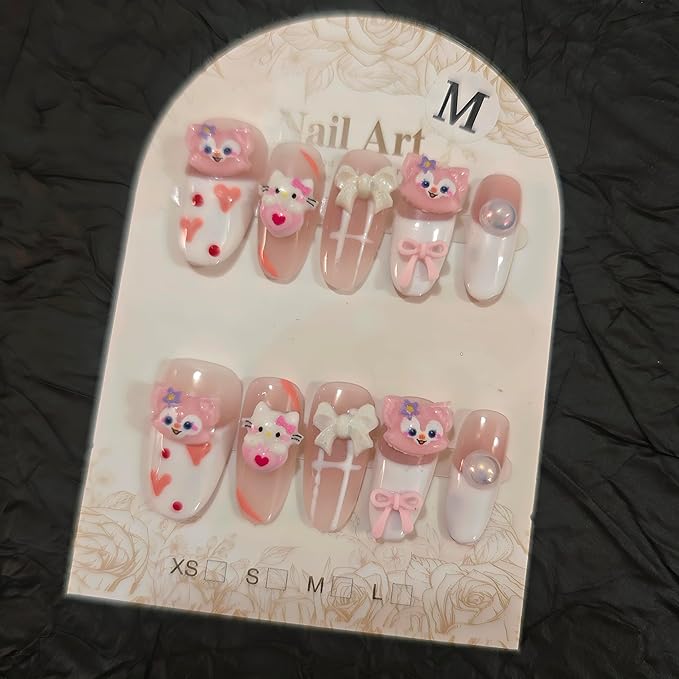 10Pcs(1Pack) Handmade Press On Nails 3D Flower Nails Cute Catoon Puppy Nails for Women Party Holiday Daily Wear Size M