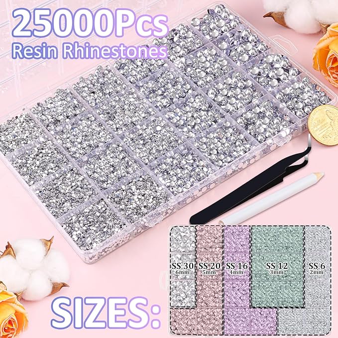 25000Pcs Resin Rhinestones with Tweezers for Crafting, Silver Clear 2-6mm Mixed Sizes Flatback Gems, Bedazzling Crystal for DIY Crafts Clothing Tumblers Mugs Shoes Fabric Decor Nail Art