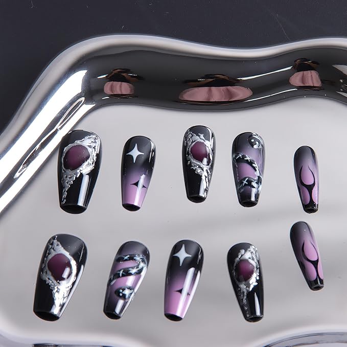 3D Gothic Black Starry Snake Motif 30pcs Medium Square Nails, Colorful Full Cover Artificial Stick on Nails Kit