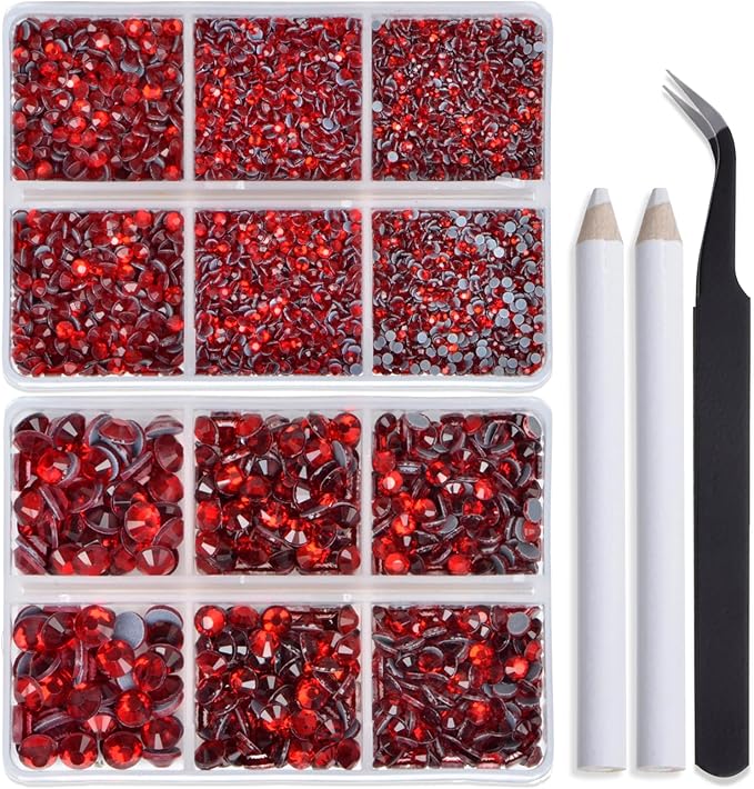 Bymitel Hotfix Crystal Rhinestones Round Gems for Crafts,Mixed 6 Sizes with Wax Pencil Kit, Siam 1.6-6.3mm SS4-SS30/8000pcs