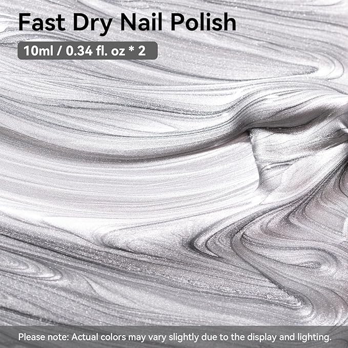 Metallic Silver Nail Polish with 3-In-1 Clear Base Top Coat Nail Strengthener Quick Dry Clear Nail Polish Duo, Opaque, Non-Gel, Vegan, Liquid Silver Glossy Chrome Nails Art