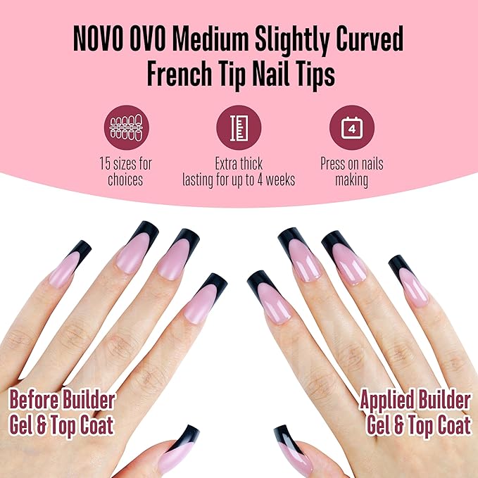 NOVO OVO Halloween Black French Tip Nail Tips Slightly Curved Medium BERRY PINK Full Cover for Press on Acrylic, Extra Thick M Soft Gel False Nail, need Builder Gel Top Coat, for DIY 15 Sizes 240 pcs