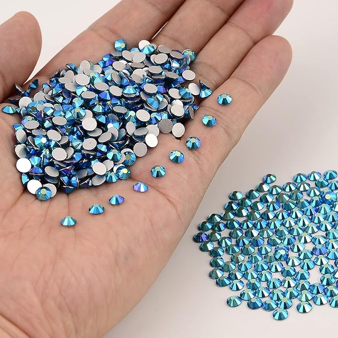 NCB Nancybeads 1500pcs Flatback Round Glass Nail Art Rhinestones Crystal for DIY Making Accessories Shoes, Clothes, Face Art, Bags, Manicure (Blue Zircon AB, SS20 1500pcs)