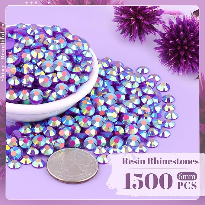 1500PCS 6mm Resin Jelly Rhinestones in Bulk (Dark Purple AB), Bedazzling Flatback Crystals Rhinestones for Crafting DIY Nail Decoration, Gems Diomand Charms for Tumbler Shoes Clothing Fabric