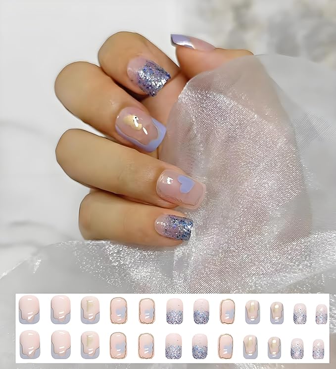Pre-Designed Short Square Press on Nails Kit, 168 Pieces, 7 Designs Fake Nails, with 2 Bottles Reliable hold Nail Glue and Nail tools, All in 1 Stick on Nails (Short Square finger nail kit)