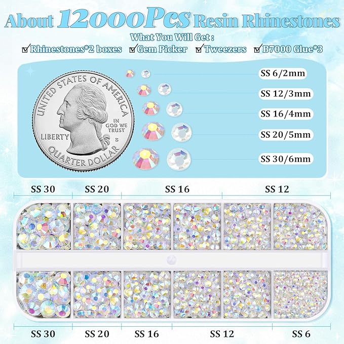 12000Pcs Resin Rhinestones for Bedazzling with 3Pcs B7000 Jewelry Glue, 2 Boxes Transparent AB Flatback Rhinestones for Crafting Crafts DIY, Crystals Gems for Clothing Shoes Tumblers Nail Art Makeup
