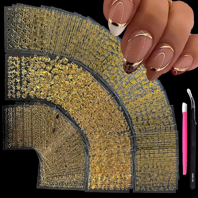 90 Sheets Gold Nail Art Stickers: Star Heart Flower Line, 3D Self-Adhesive Nail Decals for Women's Nail Decoration with Tweezer
