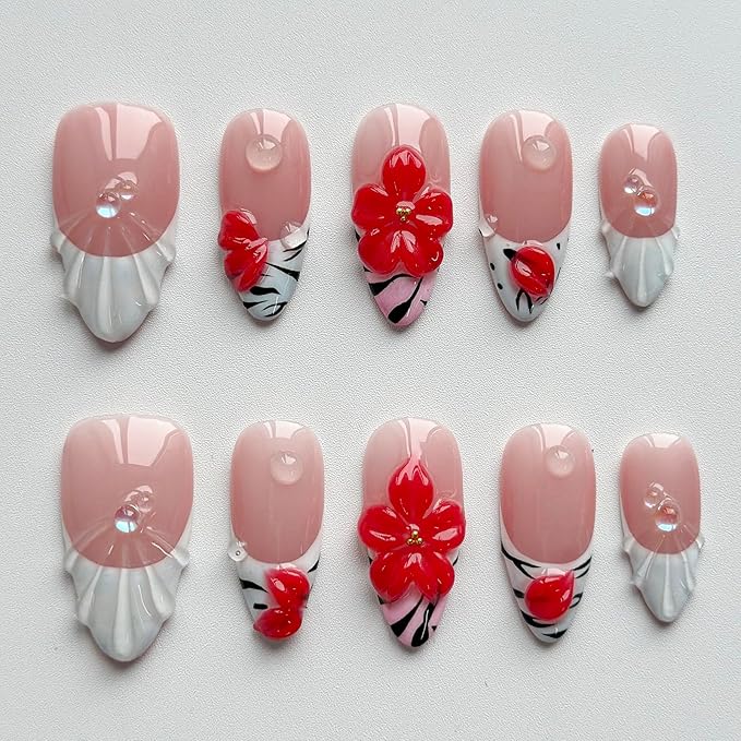 Luxury Press on Nails Medium Almond Handmade 3D Unique Reusable ABS Material Fake Nails White French Tip False Nails with Designs Water Drop Red Flower Glossy Glue on Nail Thick Acrylic Nail(S)