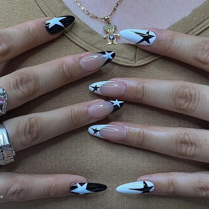 Press on Nails Medium Almond French Tip Fake Nails Full Cover False Nails with Black and White Stars Designs Y2K Press on Nails Glossy Glue on Nails Artificial Acrylic Nails for Women Girls 24 pcs