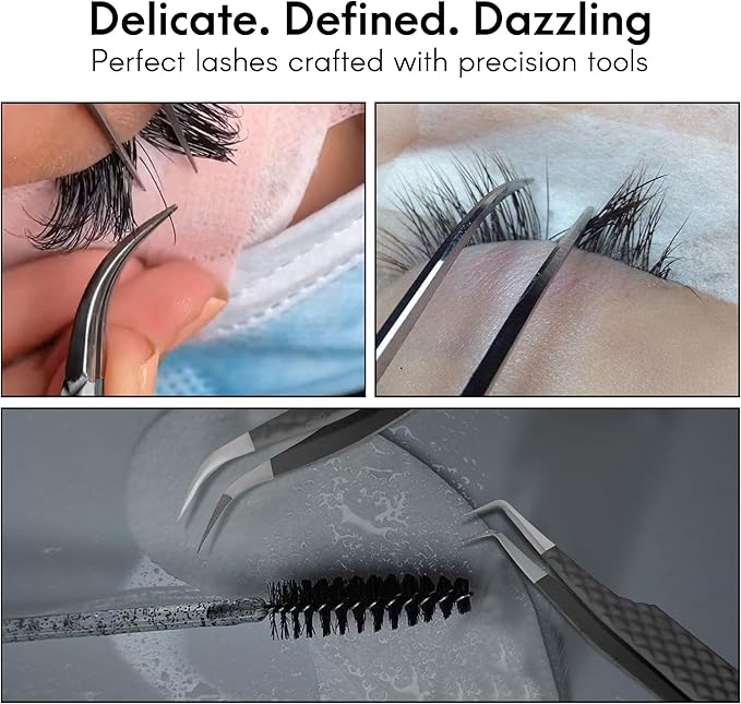Lash Tweezers Set – Professional Eyelash Extension Tweezers Kit with Case & Brush – 3 Precision Lash Tweezers for Volume, Isolation & Classic Lashes – Anti-Static, Non-Slip Grip