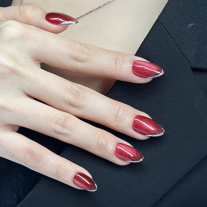 Press On Nails Short Almond Cat Eye Red with Silver Glitter French Tip | Reusable Soft Gel Nails in 12 Sizes-24 Nail Kit with Glue | Designed in L.A, Handmade in Vietnam | Ruby Grace