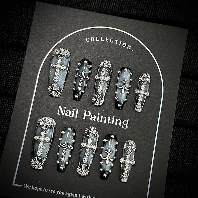 Gothic Press-On Nails, Long Ballerina Shape, Blue with Chrome and Pearl Accents, Handmade False Nail 10 Pieces (XS, LS)