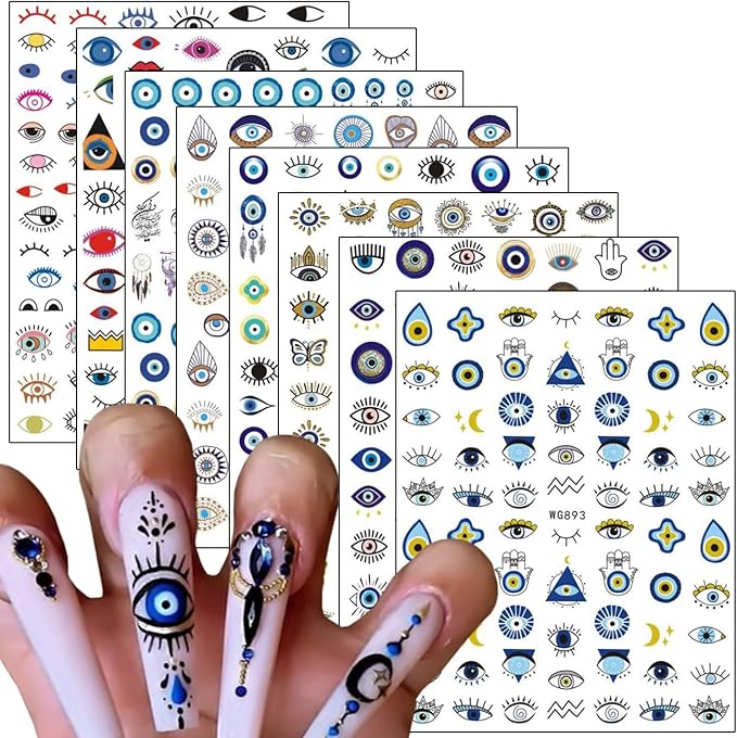 Eyes Nail Art Stickers, Funny Eye Nail Decals 3D Self-Adhesive Nail Art Design, Eyelash Eye Nail Sticker Special Acrylic Nails Supplies for Women Girls Manicure Charms Decoration Nail Decal (8 Sheets)