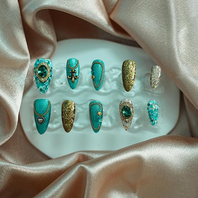 Luxury Vintage Press on Nails Medium Almond, Handmade 3D Gemstone & Glitter Design Green Gold Acrylic Nails, Reusable False Nails (Exotic Flair,M)