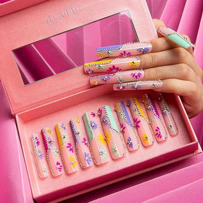 LOVFUL Press on Nails Wild Blooming | Handmade with Full Covered Crystals | Reusable Fake Nails | Square | H156-M, pink