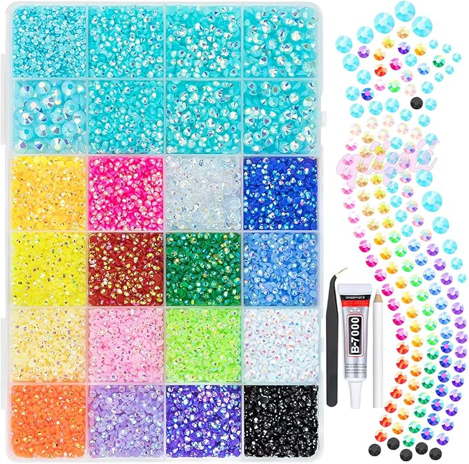 2mm-6mm Aquamarine AB Resin Rhinestones w B7000 Glue for Crafting Bedazzling Flatback Colorful Jelly Stones Diamonds Gems Bedazzler Kit for Nails Face Eyes Makeup Tumblers Bottles Crafts Shoes
