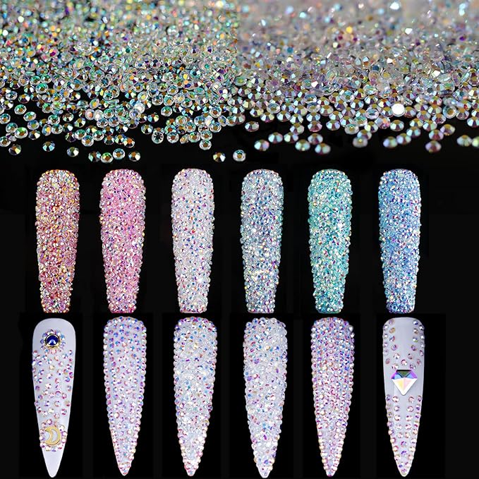 1.2mm and 1.7mm Tiny Nail Rhinestones 20000PCs Ultra Mini Pixie Clear AB Glass Crystals for Nail Art 15000pcs 1.2mm and 5000pcs 1.7mm Super Little Gems Iridescent Micro Dust Glitter Caviar Bead