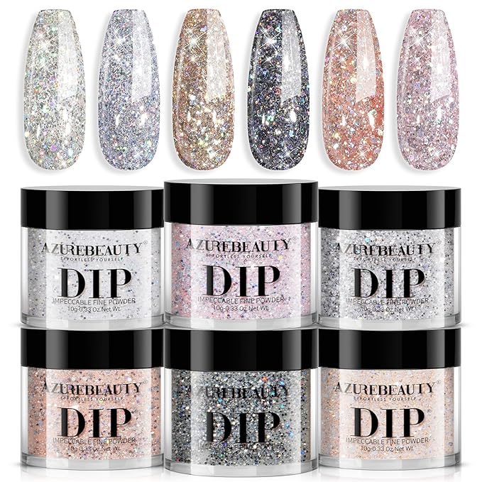 AZUREBEAUTY Dip Powder Nail Set, Silver Pink Black Golden Yellow Glitter Sparkly Shiny Chrome Platinum, 6 Colors All Seasons Dipping Powder Starter Kit Nail Art Manicure Salon, No Need Nail Lamp Cured