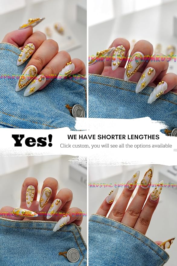 Euphrosyne 10pcs Long Oval Gold and White Press On Nails – Fake Nails with Stars, Hearts & Rhinestones | Glam Stick-On Nails for Christmas, New Year or Party Wear
