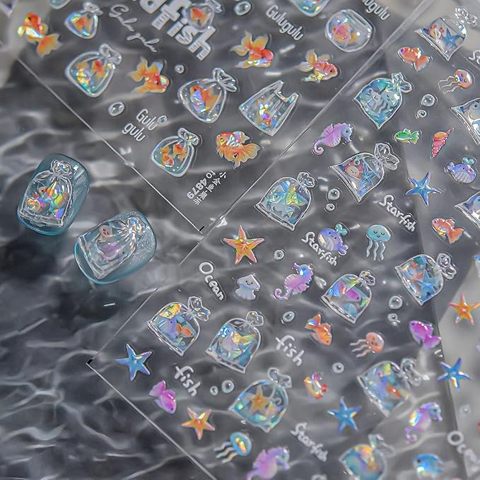 Goldfish Nail Stickers Cute Nail Art Decals Koi Fish Nail Art Stickers Cute Self Adhesive 5D Embossed with Ocean Design Nail Decals for Women Girls Kid Manicure Charms Supply Decoration 2Pcs