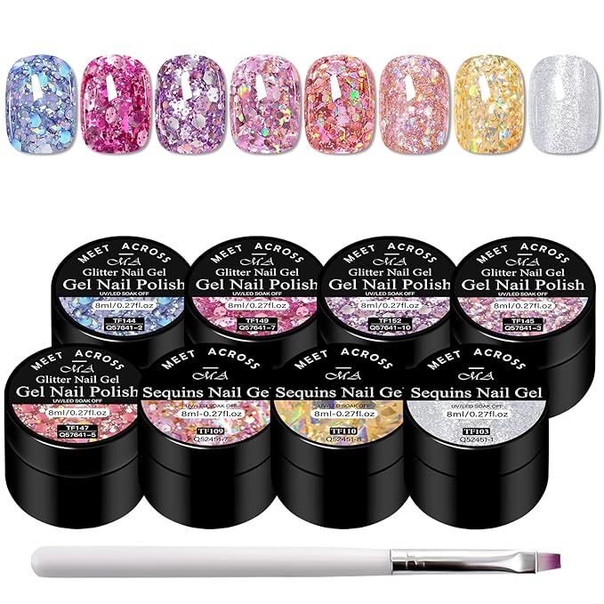 MEET ACROSS 9Pcs Glitter Gel Nail Polish Set with 1Pc Nail Brush, Sparkle Pink Purple Blue Broken Gold Flash Gel Polish Kit, UV LED Soak Off Manicure Gift for Women 8 Colors
