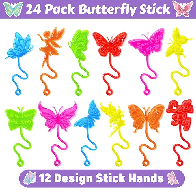 48PCS Butterfly Party Favors - 24PCS Temporary Tattoos & 24PCS Stick Hands Party - Perfect Birthday Party Supplies, Goodie Bag Stuffers, Treasure Box Toys, Classroom Prizes, and Student Gifts