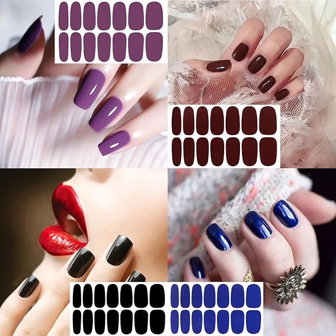 WOKOTO 20 Pcs Multi-Color Nail Polish Stickers Strips With 1 Nail File Kit, 14 Tips Per Sheet 10 Sheets Solid & 10 Glitter Solid Nail Polish Strips Full Nail Wraps Polish Decals For Women Girls