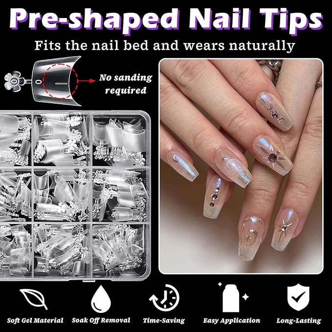 LoveOurHome 360pc French Coffin Nail Tips Clear Fake Nails Short Coffin Gel Nail Tips Half Cover Acrylic Nails Clear 15 Sizes Short Fingernail for Gel Press Nail Extension