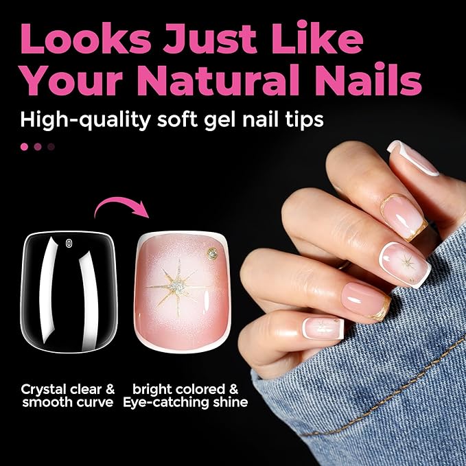 UNA GELLA Extra Short Square Nail Tips XS Short Square Gel Tips 216pcs Press On Nails Full Cover 12 Sizes Clear Fake Nails Extension for Home DIY Nail Salon Soft Gel Tips