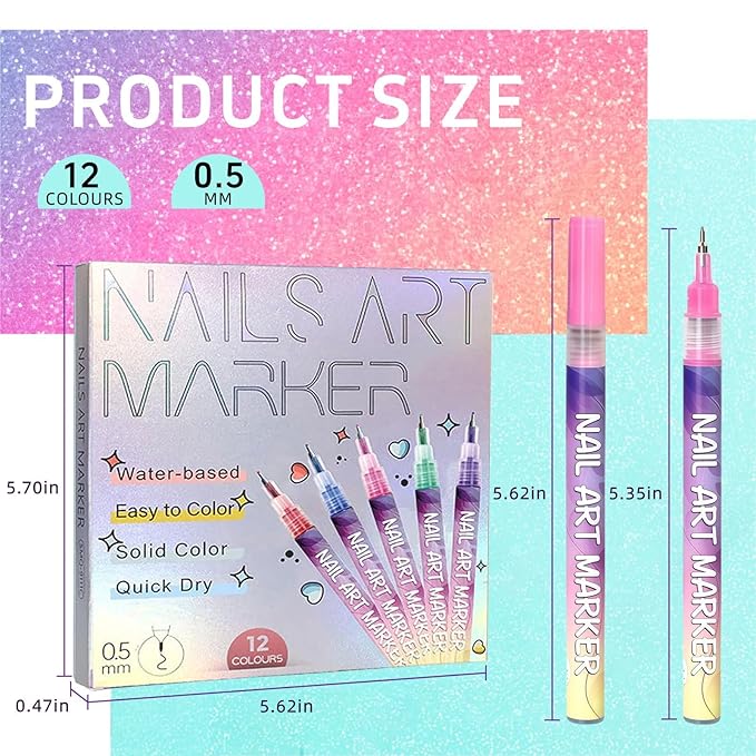 12 Color Nail Art Pen Set, 0.5mm Ultra Fine Nail Polish Pens for Drawing & Painting, Waterproof Quick-Drying Acrylic Nail Liner Dotters, DIY Manicure Design Art Kit with Professional Nail Tools