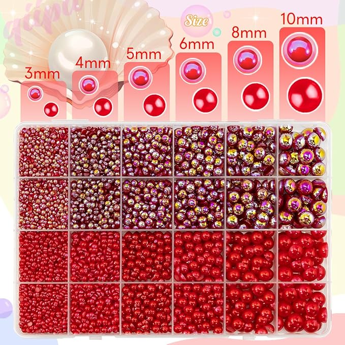 2 Styles Red Flatback Pearls for Bedazzling Crafting 3mm-10mm Half Round Pearls Siam Red Beads Gems Bedazzler Kit Charms for Nails Face Eyes Makeup Tumblers Bottles DIY Crafts Shoes Beauty Deco