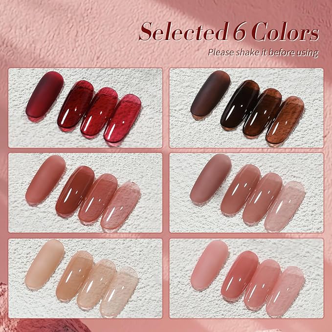 Born Pretty Jelly Gel Nail Polish Transparent Nude Pink Red Brown Burgundy Blood Wine Red 6 Colors Sheer Gel Polish Kit for Salon Manicure and Nail Art DIY at Home