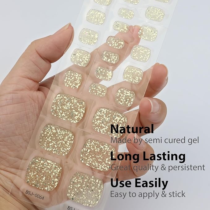 26 Pcs Semi Cured Gel Toe Nail Strips Gold Glitter Gel Nail Stickers Full Cover Glitter Nails Wraps Self Adhesive Toe Nails Polish Strips Stickers for Women UV/LED Light Required